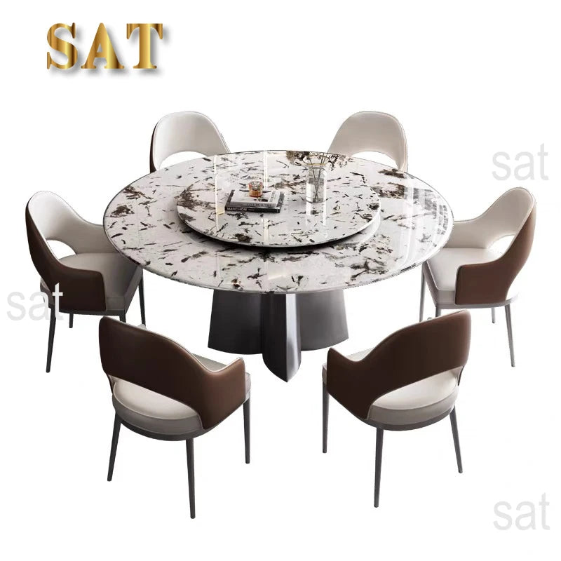 Modern Luxury Marble Round Dining Table Set with Rotating Center – 6, 8, or 10-Seater with Leather Chairs