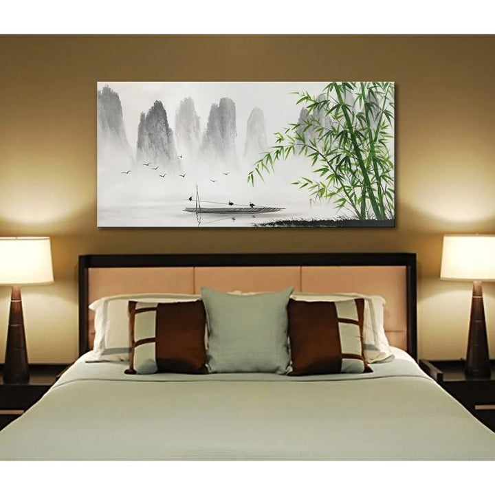 Large Hand-Painted Traditional Chinese Painting – Black and White Bamboo Landscape Canvas Wall Art