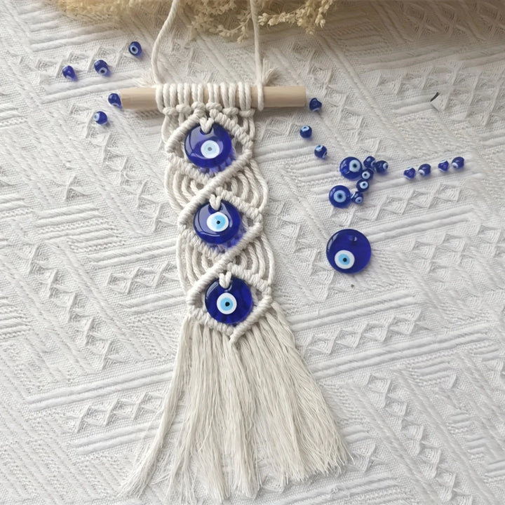 Bohemian Blue Evil Eye Handmade Cotton Tapestry - Turkish Glass Beaded Wall Hanging