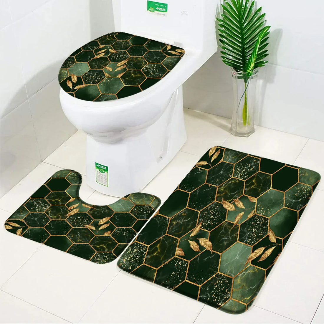 3pcs Set Black Marble Bath Mat – Non-Slip Absorbent Bathroom Rugs with Toilet Lid Cover