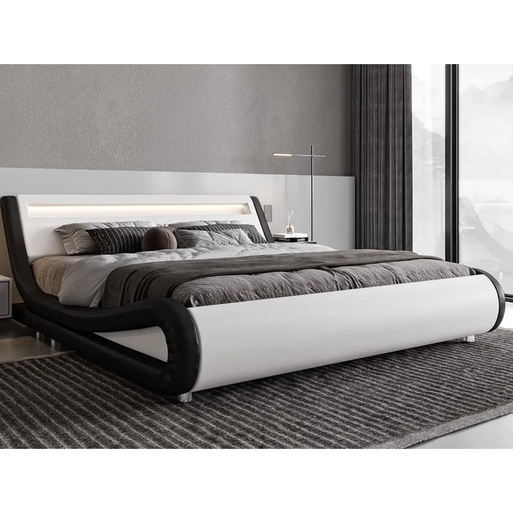 Modern Bed Frame with Adjustable Headboard & LED Lights