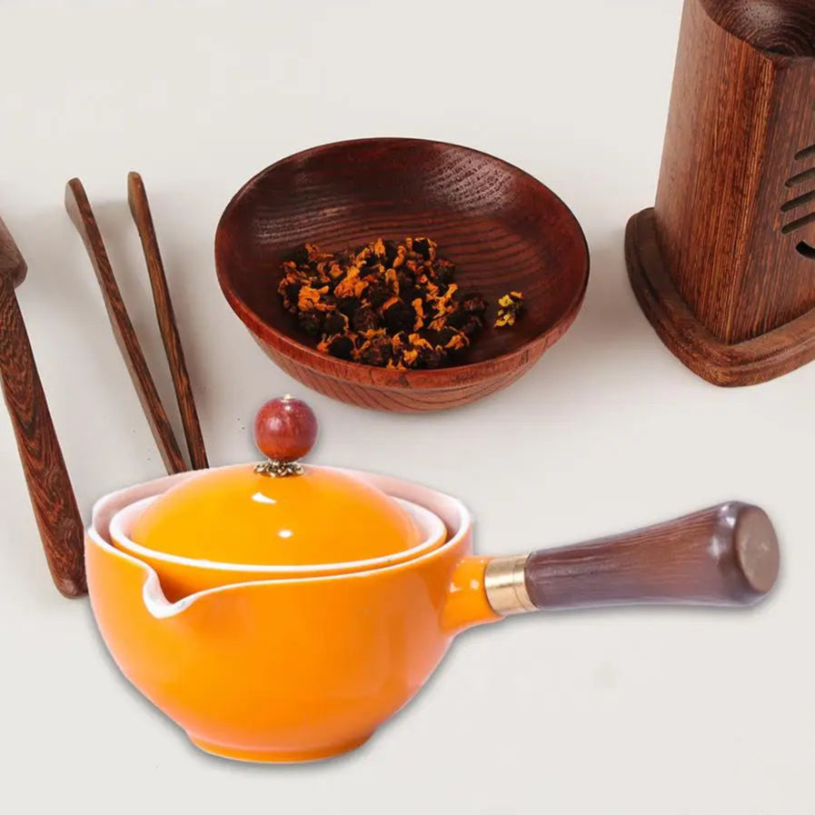 Portable Chinese Gongfu Kung Fu Tea Set – 360° Rotating Ceramic Teapot with Wooden Handle & Infuser