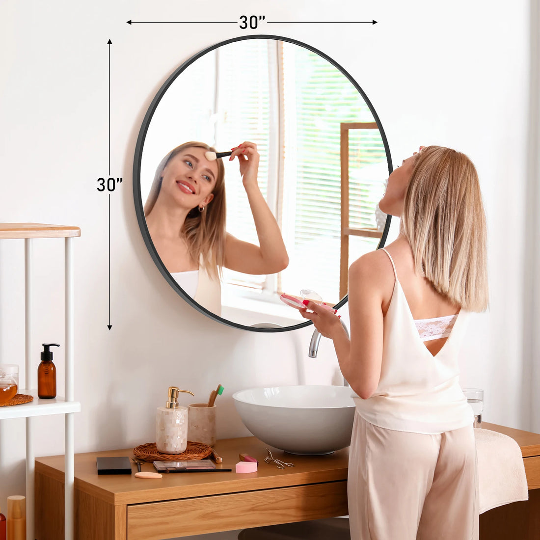 JHK Large Gold Round Vanity Wall Mirror – 30 Inch Matte Metal Framed Modern Mirror for Bedroom & Living Room