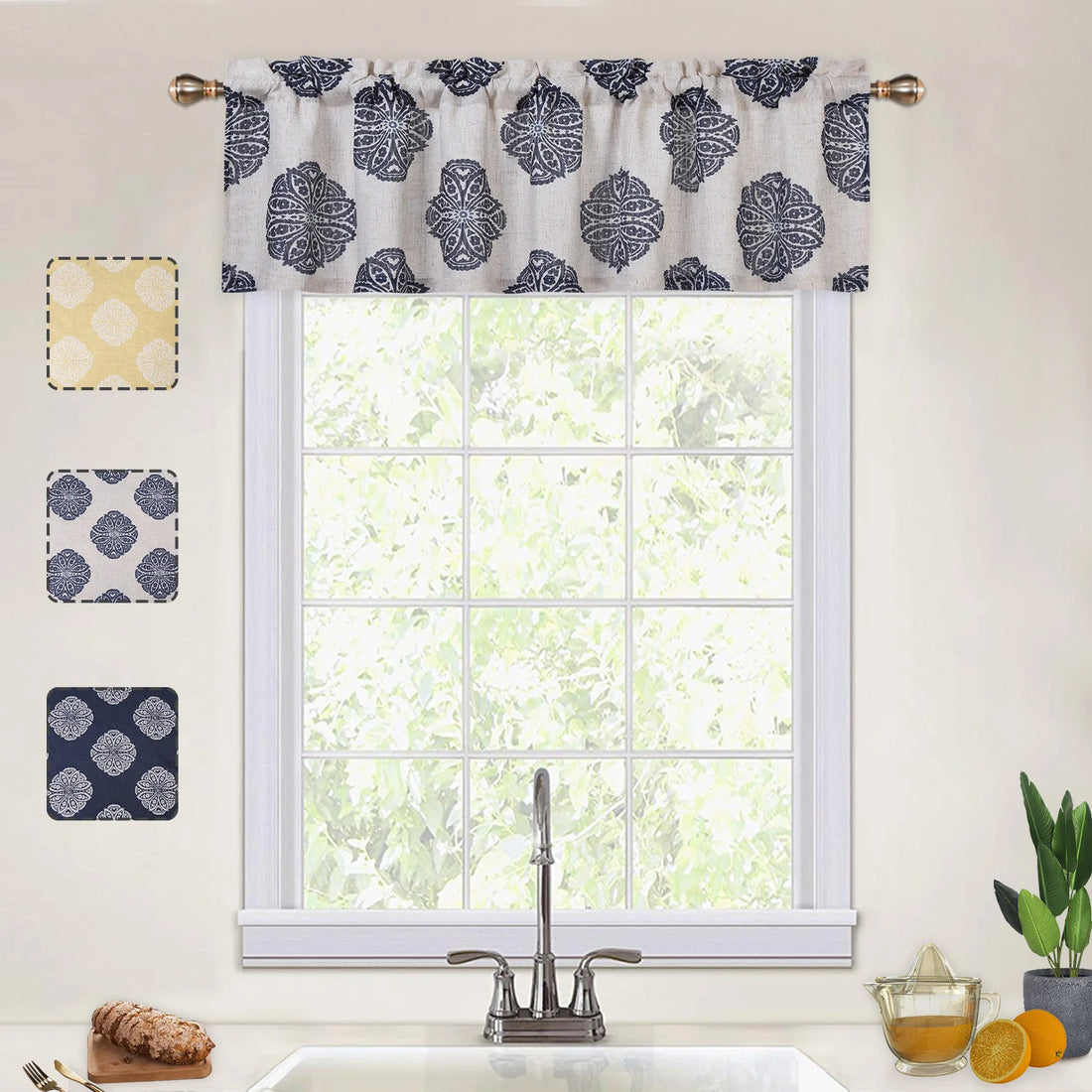 Medallion Printed Rod Pocket Light-Filtering Valance Curtain – Elegant Window Treatment for Kitchen and Bathroom