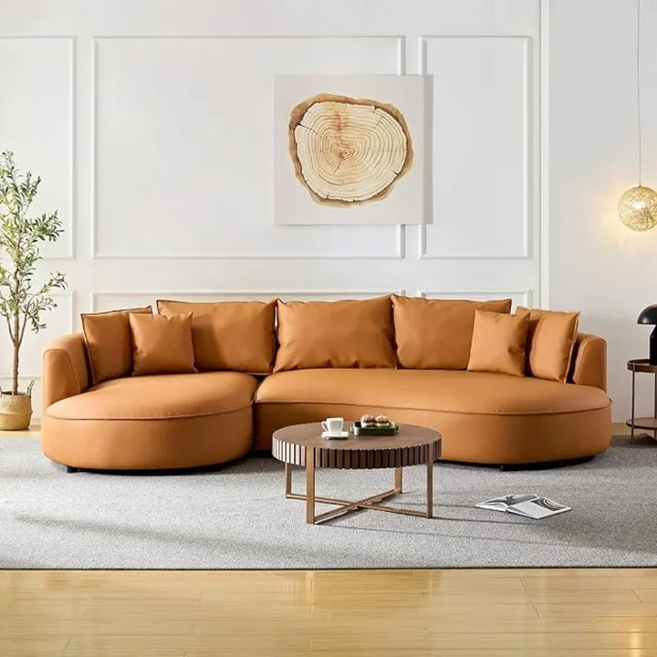 Curved Sofa Cloud Couch for Living Room – Orange Upholstered 4-Seat Eco-Leather Sofa