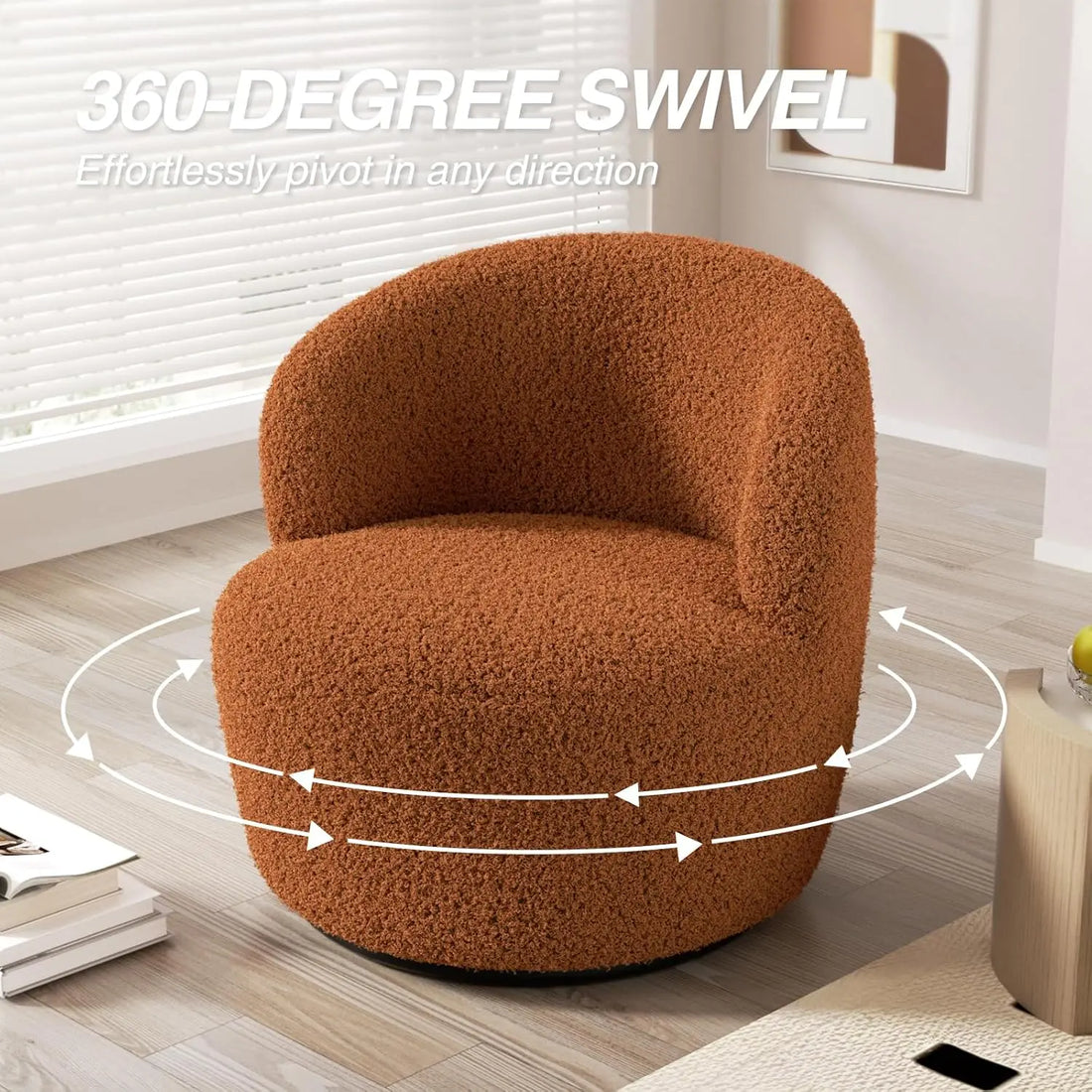 Vabches Swivel Accent Chair – Furry Sherpa Barrel Chair with Soft Padded Armrest