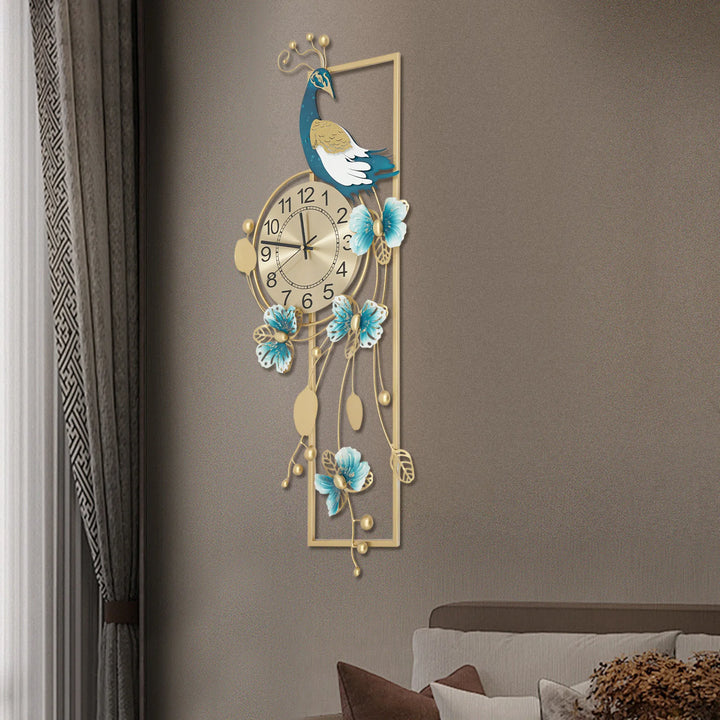 Large Peacock Wall Clock – Gold and Blue Decorative Silent Quartz Wall Clock for Living Room