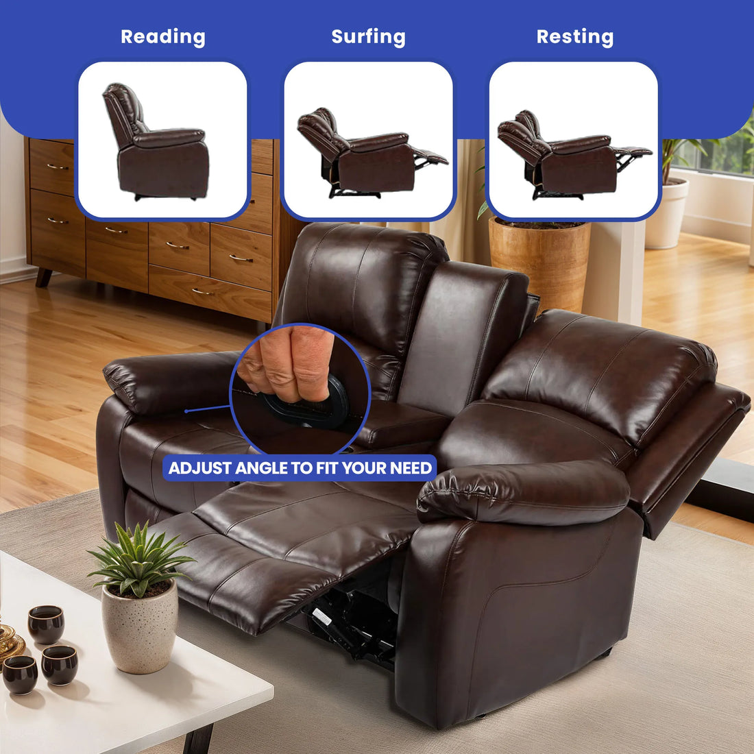 PU Leather Recliner Sofa Love Seat - Chocolate Color