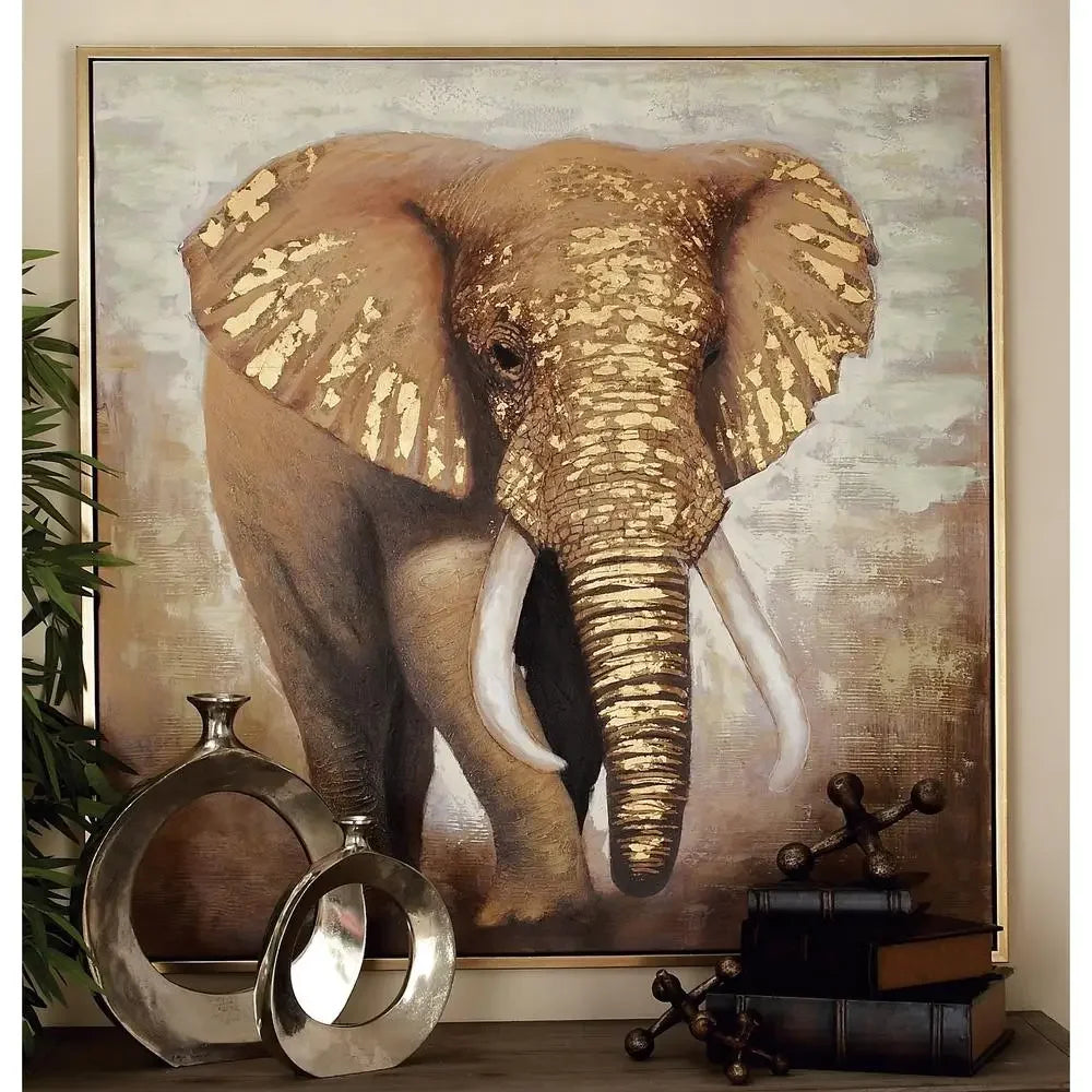 Brown Elephant Framed Wall Art – Oversized Safari Canvas Decor (47" x 47")