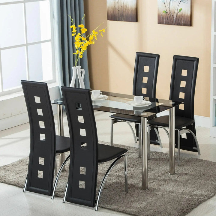 5-Piece Glass Dining Table Set – Modern Table with 4 Leather Chairs