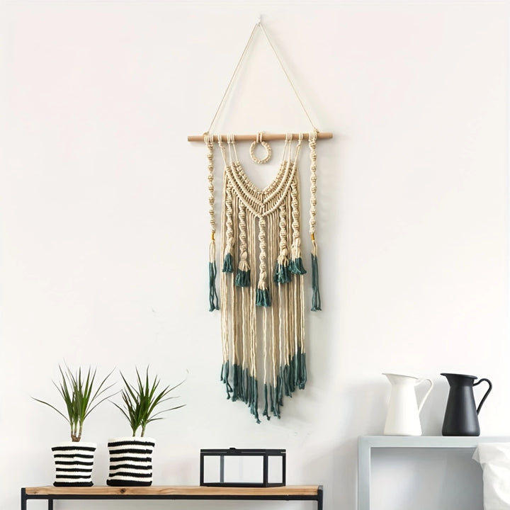 Bohemian Tapestry - Green and Beige Woven Wall Hanging with Tassels for Bedroom and Living Room Decor