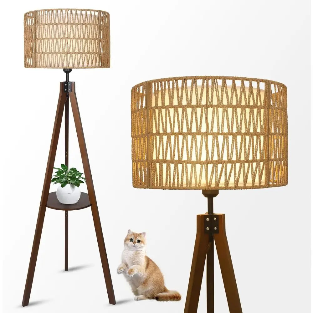 Boho Tripod Floor Lamp with Shelves – Mid Century Modern Wood Standing Lamp with Rattan & Fabric Shades