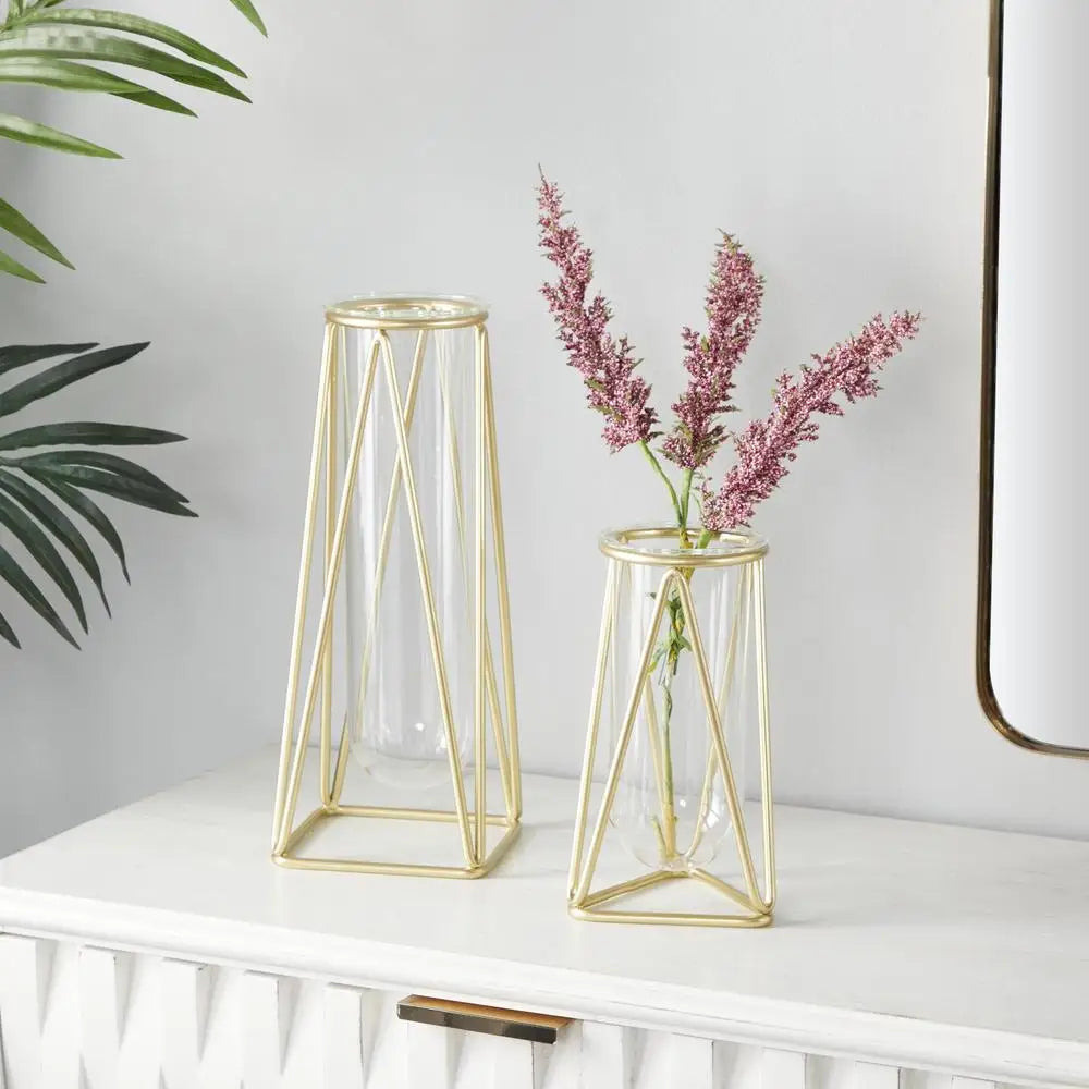 Gold Metal Stand Glass Vase Set – Modern Home Décor, Set of 2 (9" & 13" H)