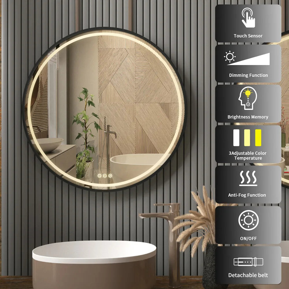 LUVODI Round Dimmable LED Bathroom Mirror – 32” Black & Gold Frame, Fogless, Illuminated Vanity Mirror with Detachable Rope