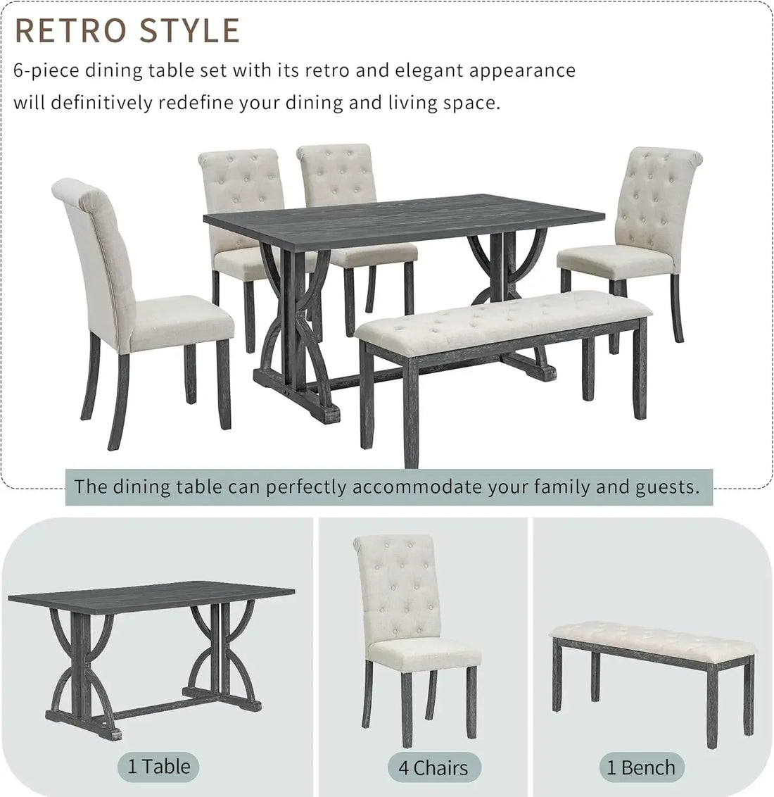 6-Piece Wood Dining Table Set – Retro Rectangular Table with 4 Upholstered Chairs & Bench