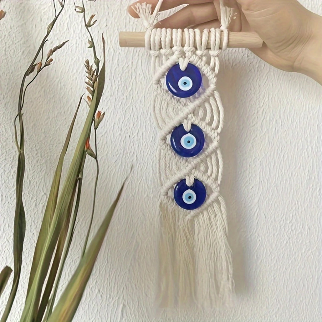 Bohemian Blue Evil Eye Handmade Cotton Tapestry - Turkish Glass Beaded Wall Hanging