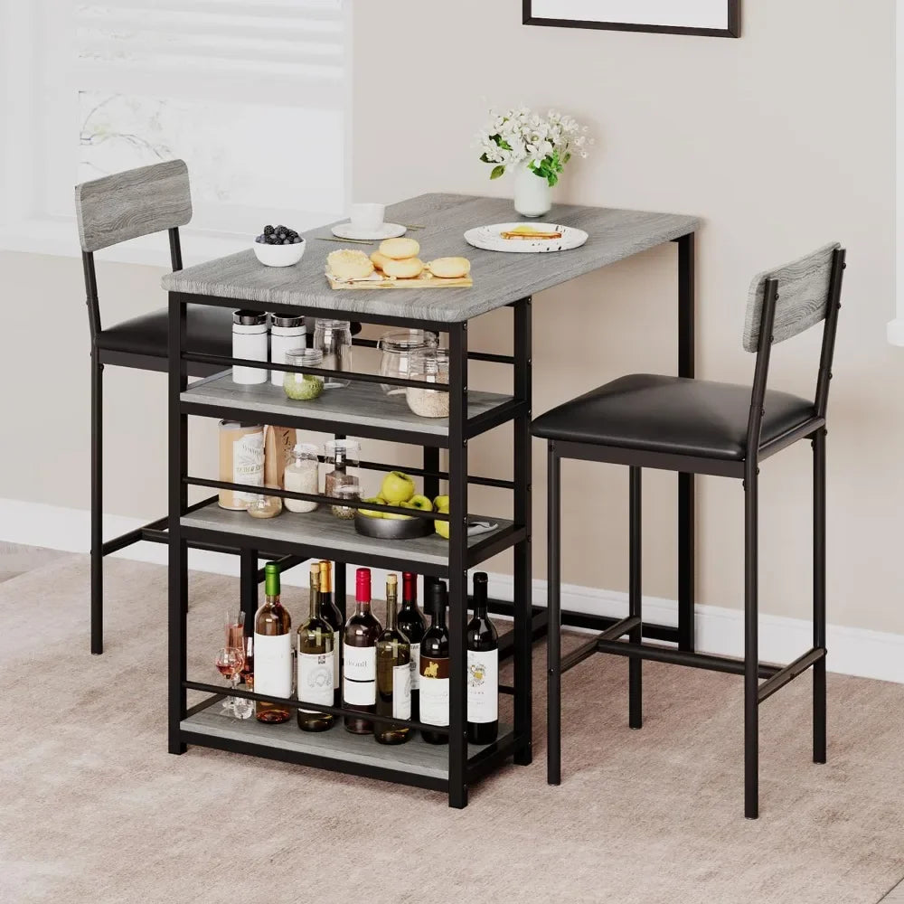 Dining Table Set for 2 – Counter Height Table with Upholstered Chairs and Storage Shelves