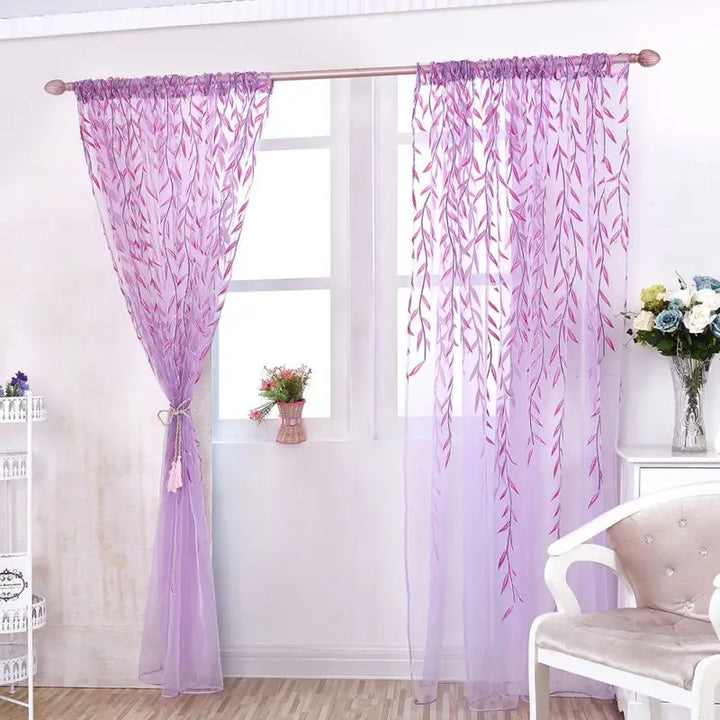 Green Purple Willow Sheer Curtains – Decorative Tulle for Living Room, Kitchen, and Bedroom