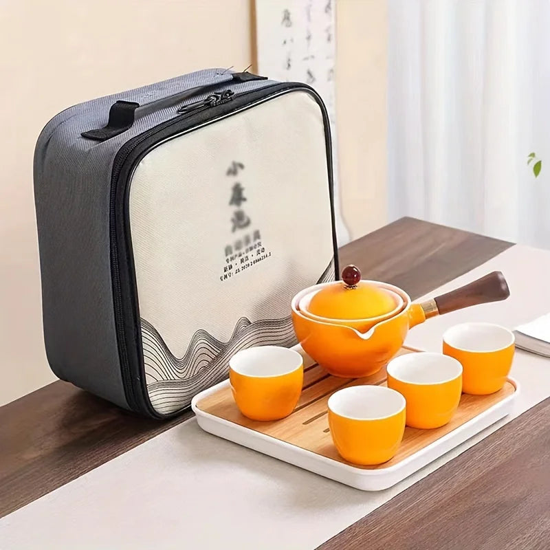 Portable Ceramic Kung Fu Tea Set with 360° Rotating Teapot and Cups – Ideal for Tea Lovers, Travel, or Office Gift