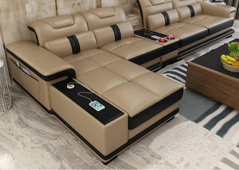 MANBAS Luxury Italian Genuine Leather Sectional Sofa Set with Bluetooth Speaker and USB Ports