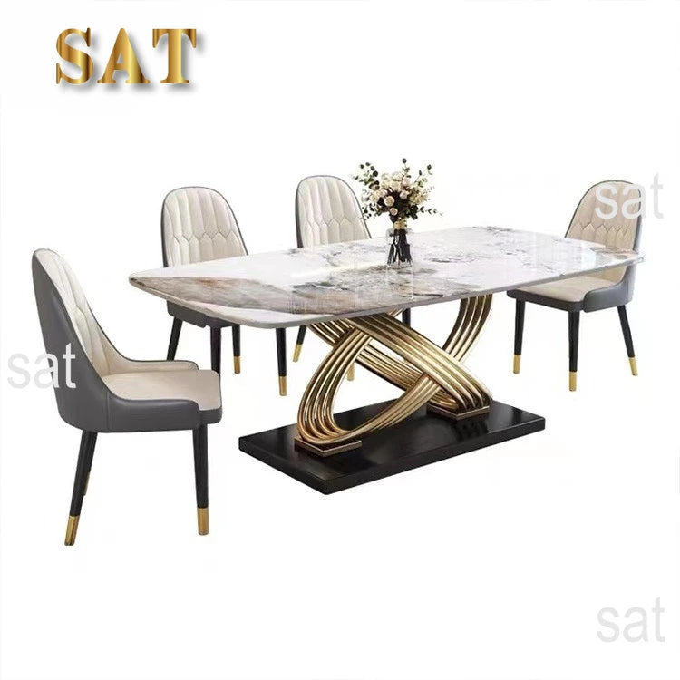 Modern Luxury Marble Stone Dining Table Set with Leather Chairs – 4, 6, or 8 Seater