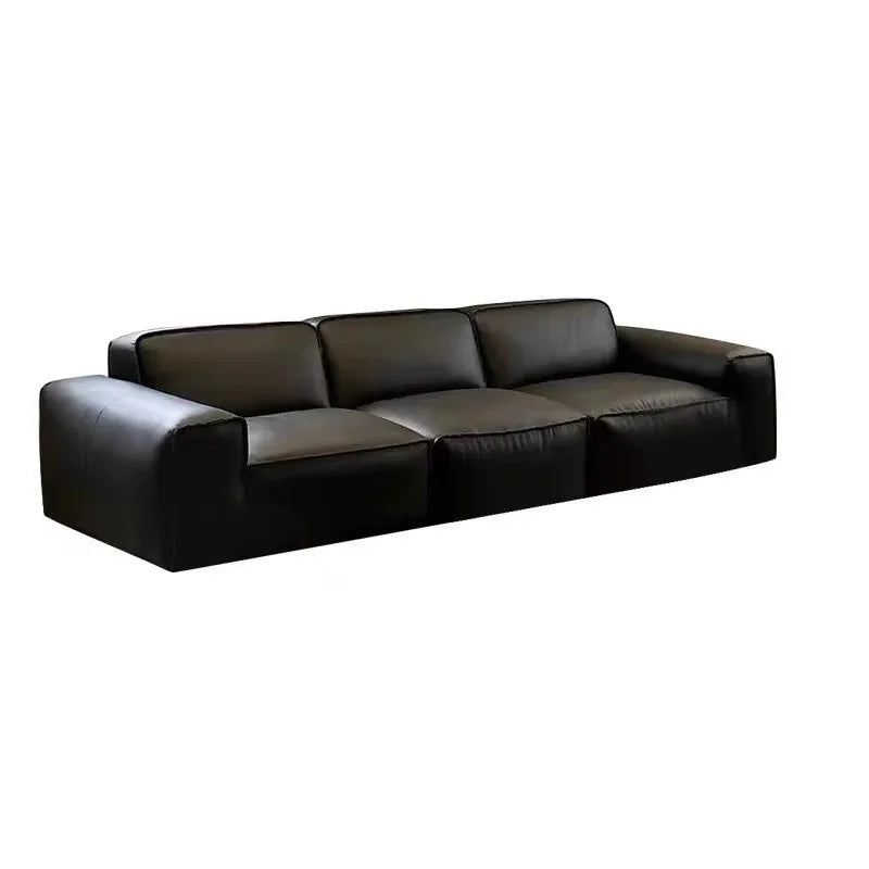 Italian Minimalist Leather Sofa with Tofu Block Design – Summer Black Sofa