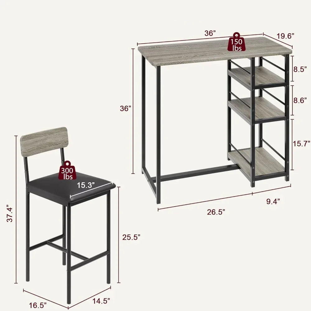 Dining Table Set for 2 – Counter Height Table with Upholstered Chairs and Storage Shelves