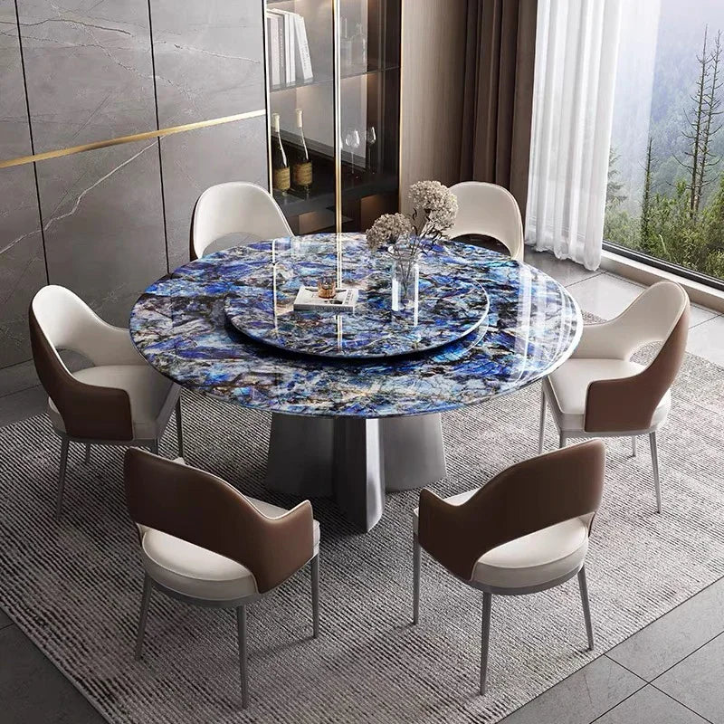 Modern Luxury Marble Round Dining Table Set with Rotating Center – 6, 8, or 10-Seater with Leather Chairs