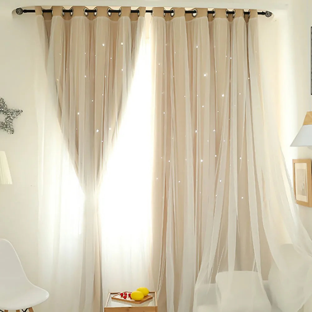 Bright Double Layer Blackout Star Hollow Curtains with Lace Tulle – Elegant Window Decor for Living Room & Bedroom