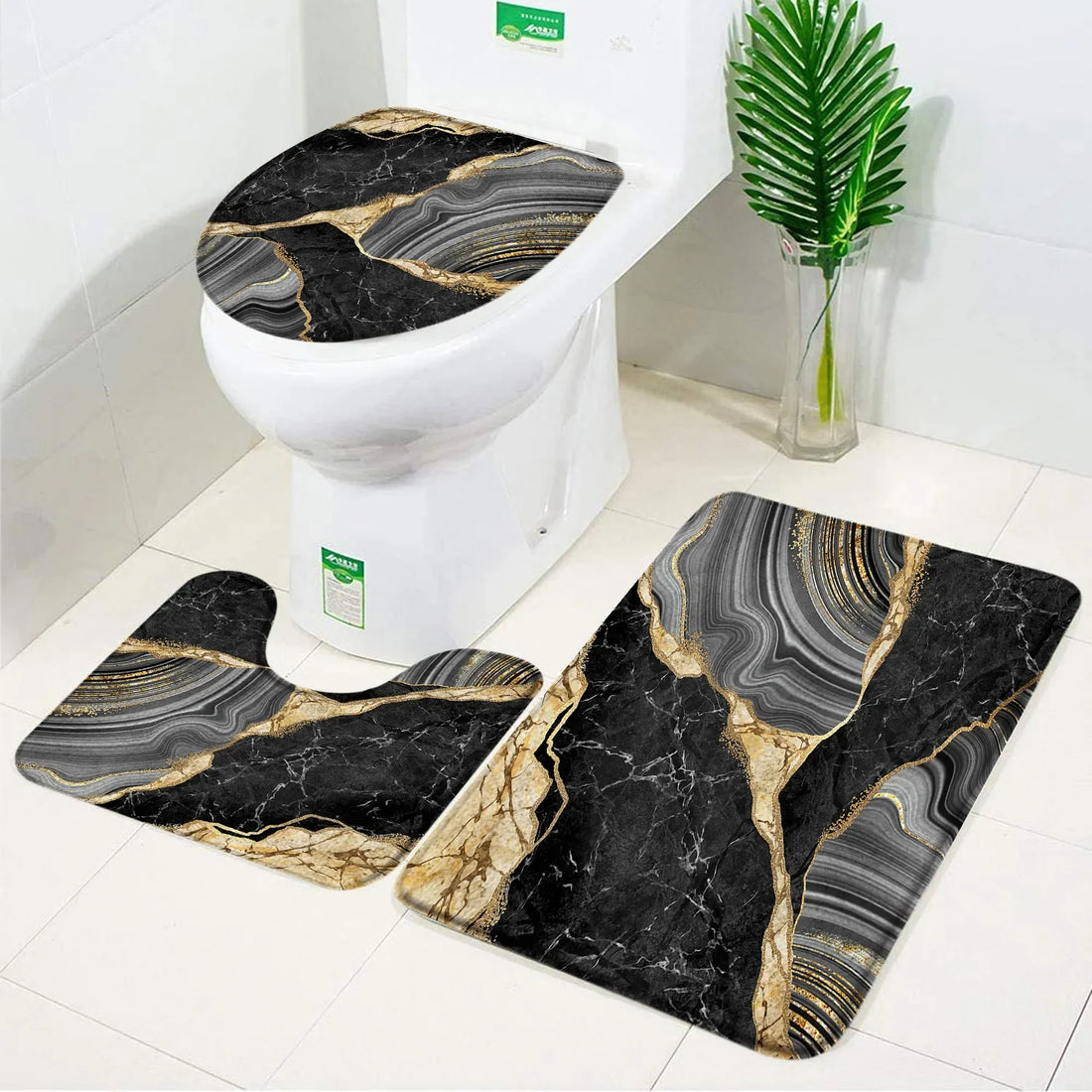 3pcs Set Black Marble Bath Mat – Non-Slip Absorbent Bathroom Rugs with Toilet Lid Cover