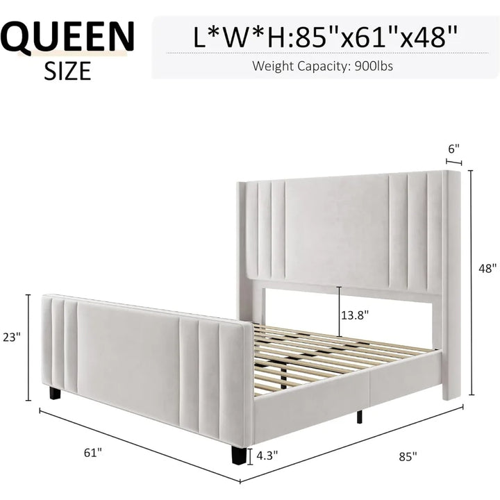 Queen Velvet Upholstered Platform Bed with Tufted Wingback Headboard & Storage