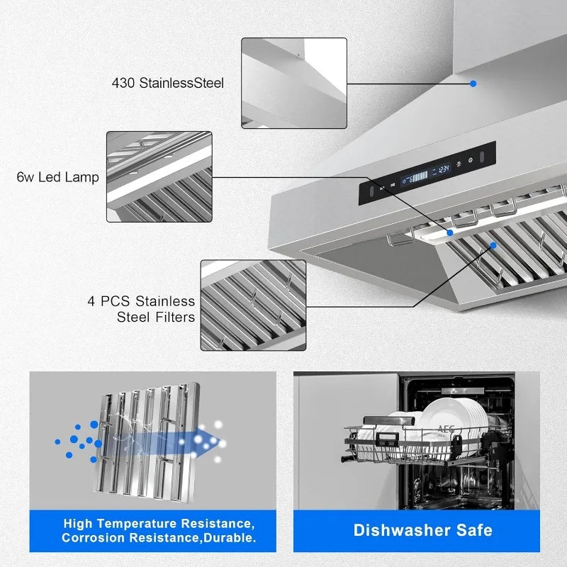 Tieasy 30-Inch Wall Mount Range Hood – 900 CFM Ducted/Ductless Convertible with Gesture Sensing & Touch Control