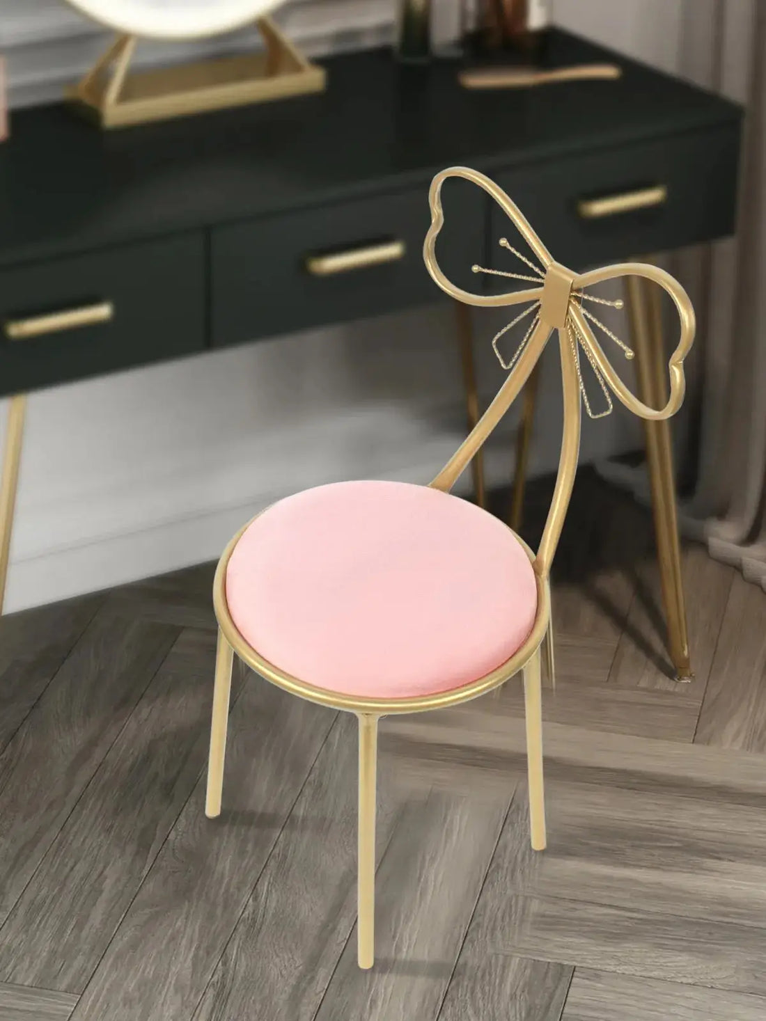 Modern Velvet Butterfly Vanity Stool – Pink Bow Knot Backrest Accent Chair for Girls’ Bedroom, Home Decor, and Makeup Vanity