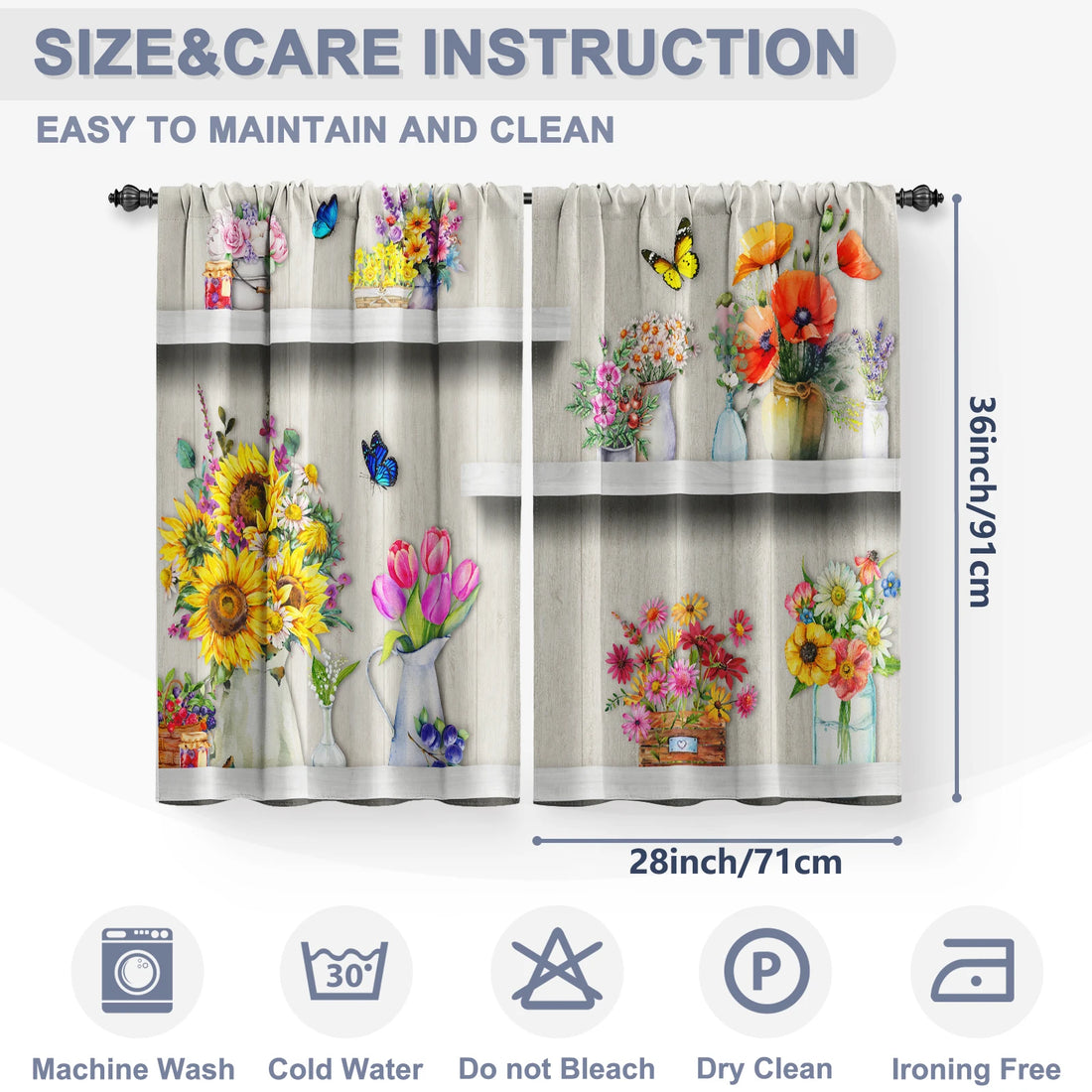 2 Panel Butterfly Flower Kitchen Curtains – Short Sunflower Cafe Curtains for Living Room and Kitchen