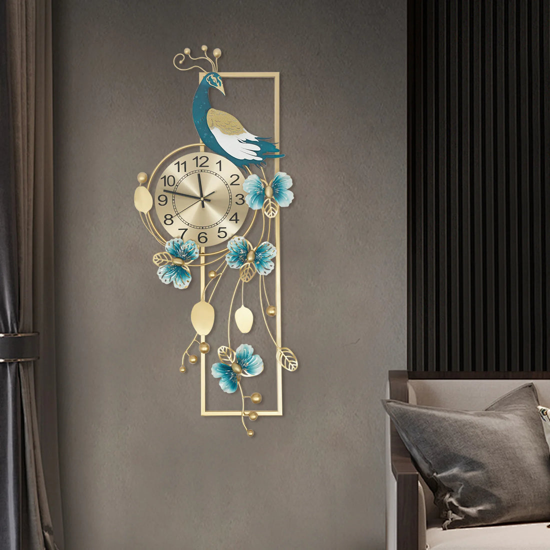 Large Peacock Wall Clock – Gold and Blue Decorative Silent Quartz Wall Clock for Living Room