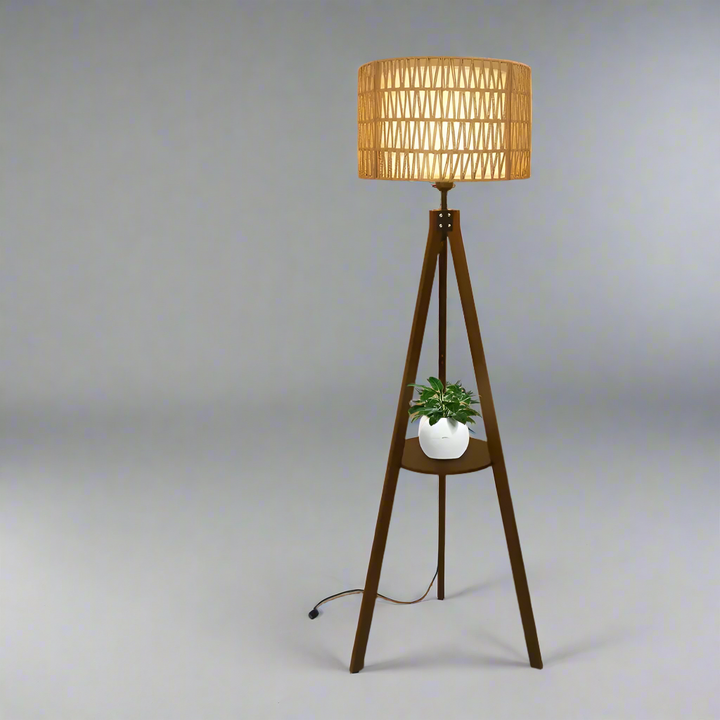 Boho Tripod Floor Lamp with Shelves – Mid Century Modern Wood Standing Lamp with Rattan & Fabric Shades