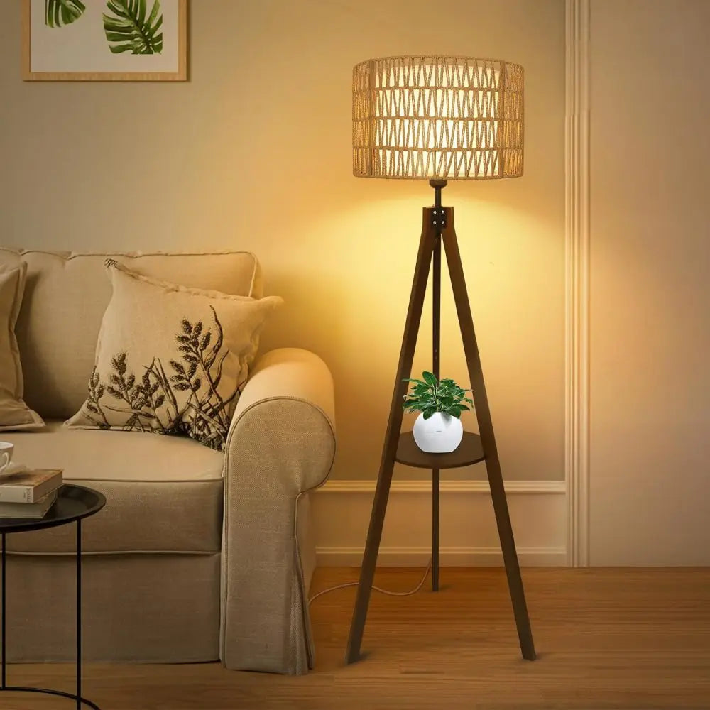 Boho Tripod Floor Lamp with Shelves – Mid Century Modern Wood Standing Lamp with Rattan & Fabric Shades