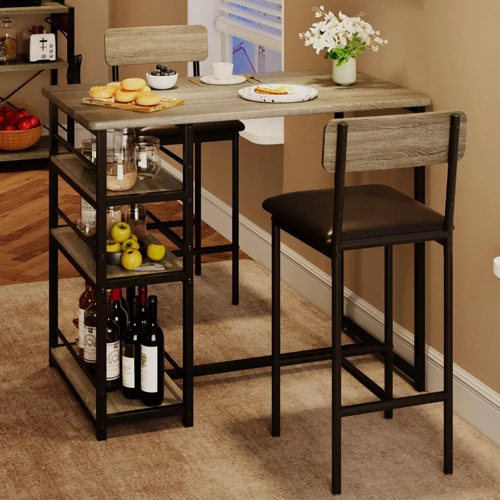 Dining Table Set for 2 – Counter Height Table with Upholstered Chairs and Storage Shelves