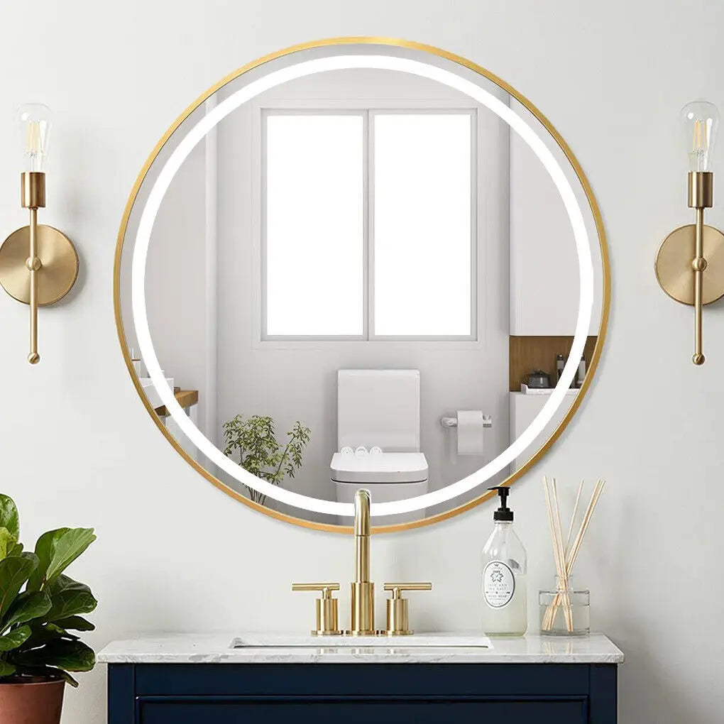 LUVODI Round Dimmable LED Bathroom Mirror – 32” Black & Gold Frame, Fogless, Illuminated Vanity Mirror with Detachable Rope