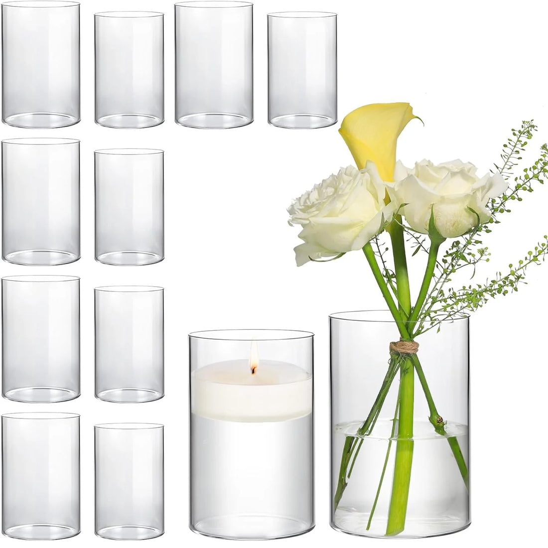 6/12-Piece Glass Cylinder Vases – Clear Vases for Flowers, Floating Candles, and Table Centerpieces