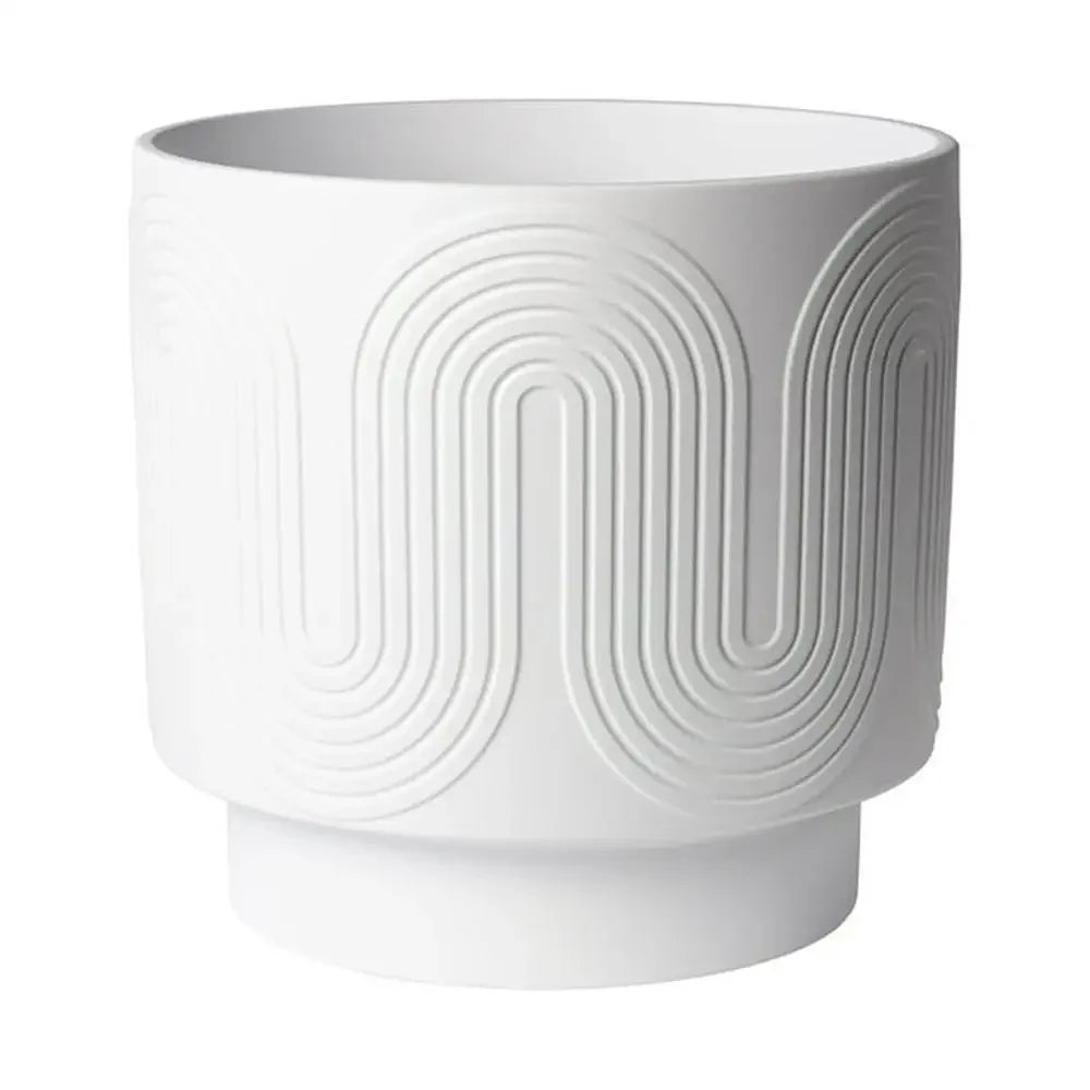 MATE BIRDS 12" White Ceramic Planter – Grooved Wave Design Indoor Flower Pot with Drainage Plug