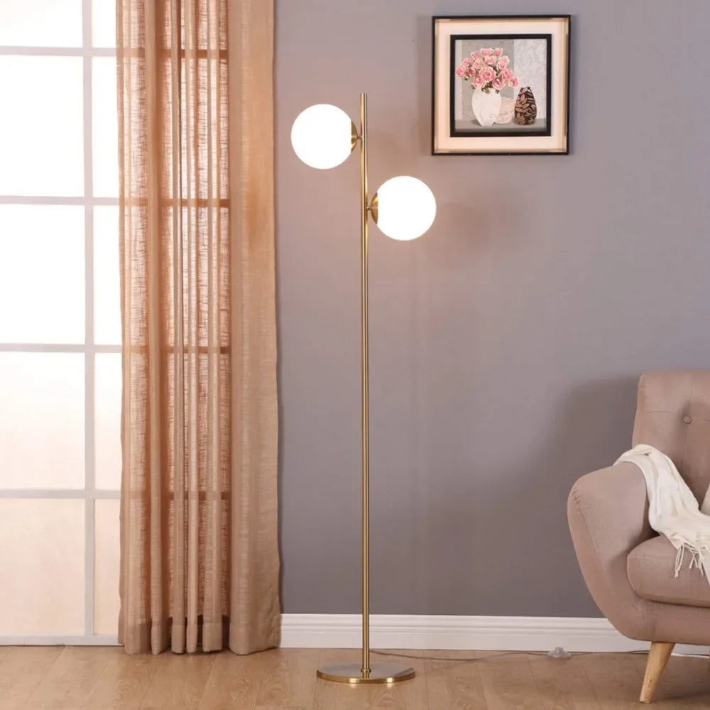 Mid-Century Modern 2 Globe Pole Light – LED Floor Lamp for Living Room, Bedroom, and Offices