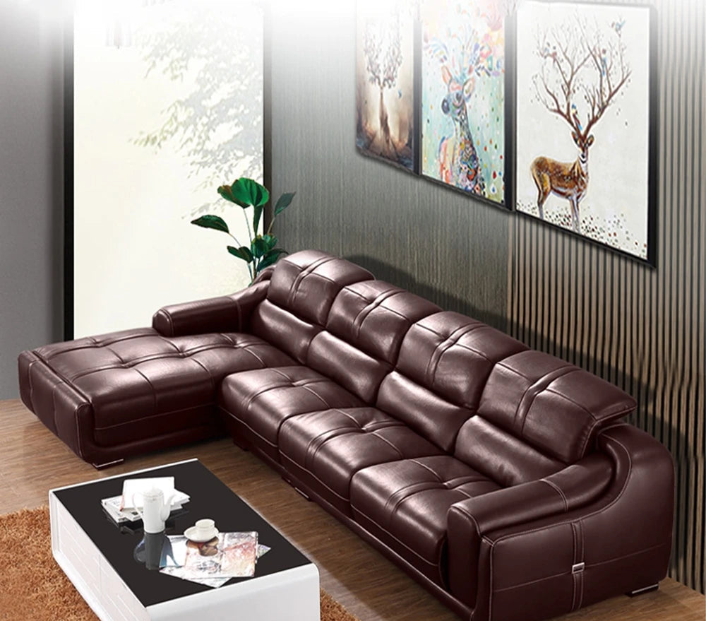 MANBAS Premium Italian Genuine Leather Sectional Sofa Set with Adjustable Headrests