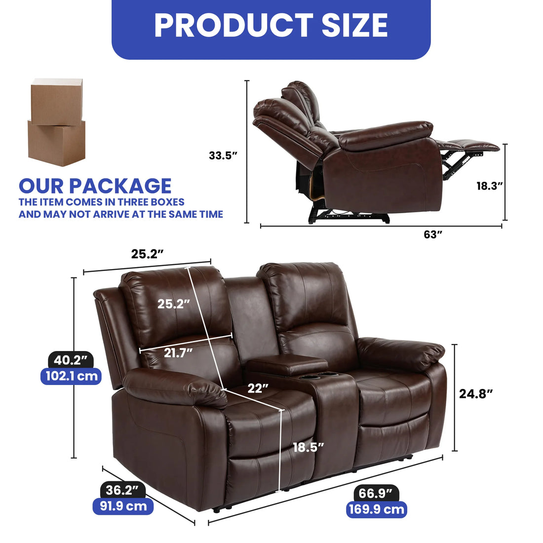 PU Leather Recliner Sofa Love Seat - Chocolate Color