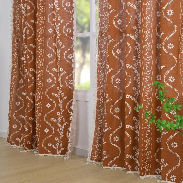 Terracotta Curtains – Semi Sheer Linen Floral Farmhouse Panels for Living Room, Dining, and Kitchen