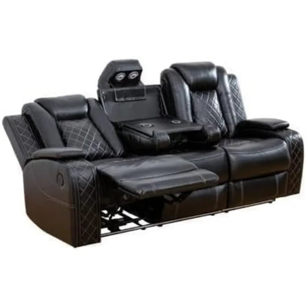 Leather Recliner Sofa Set with LED Lights