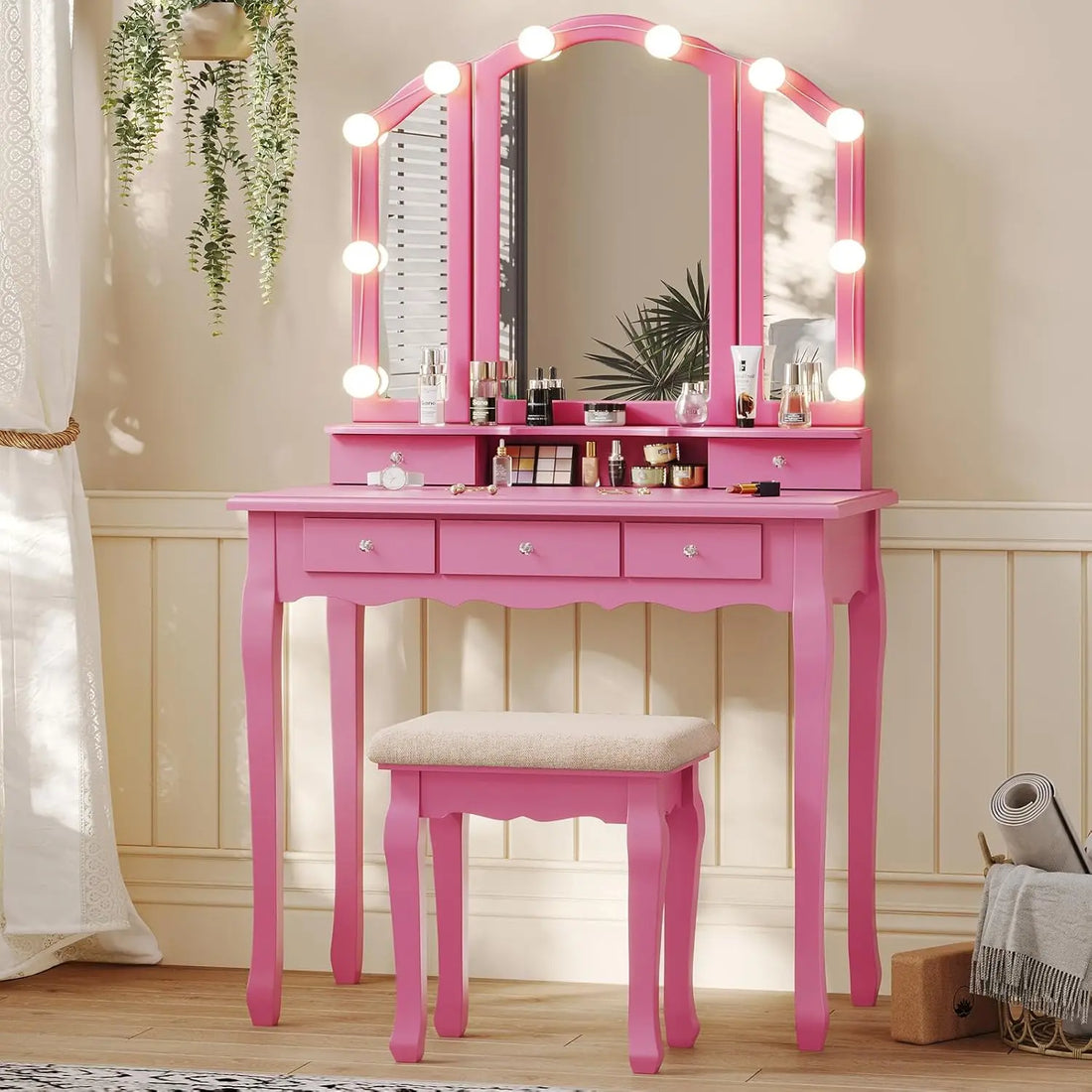 Vanity Desk with Tri-Fold Mirror and Lights – Pink Makeup Vanity Table with 5 Drawers, Hollywood LED Bulbs & Upholstered Stool