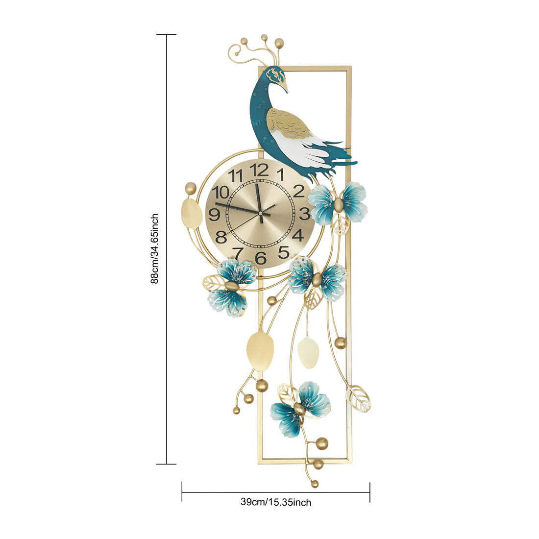 Large Peacock Wall Clock – Gold and Blue Decorative Silent Quartz Wall Clock for Living Room