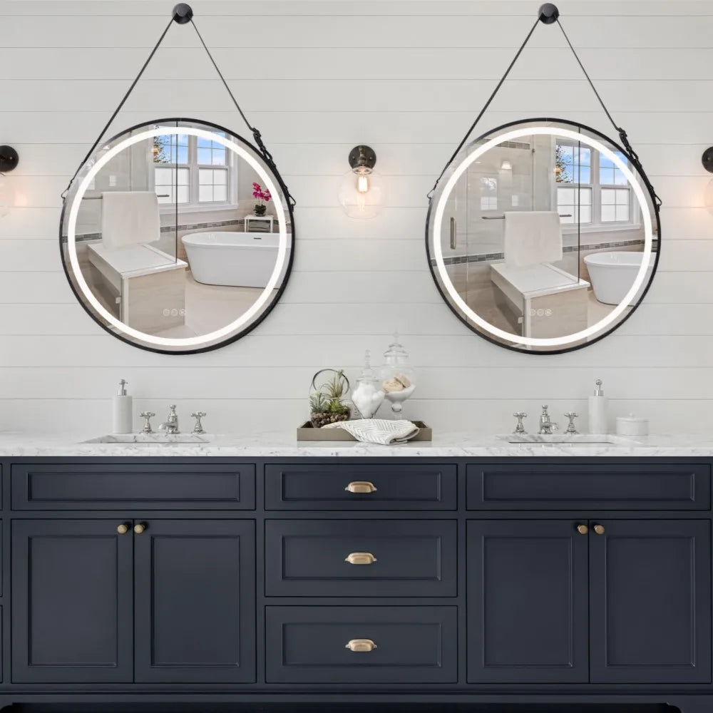 LUVODI Round Dimmable LED Bathroom Mirror – 32” Black & Gold Frame, Fogless, Illuminated Vanity Mirror with Detachable Rope