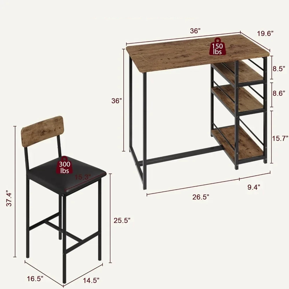 Dining Table Set for 2 – Counter Height Table with Upholstered Chairs and Storage Shelves